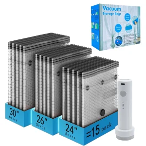 15pcs Premium Grey Foldable Vacuum Clothing Storage Bags Space-Saving Reusable Airtight Lightweight Durable for Wardrobe