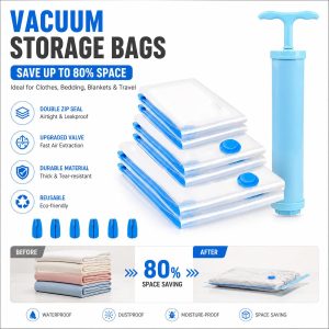 Double Zipper Seal Vacuum Compression Bags with Portable Pump Space Saving Stora