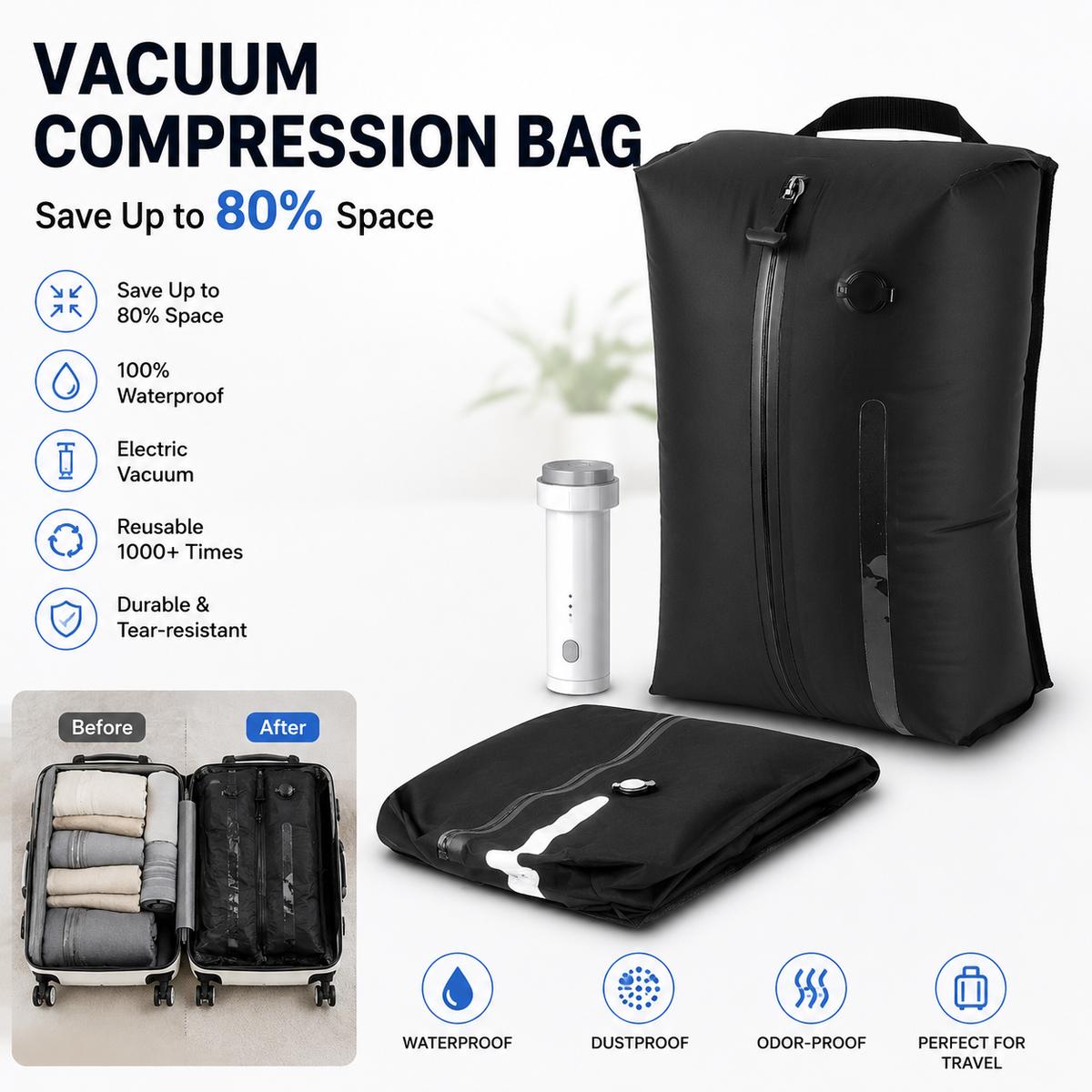 Nylon Reusable Vacuum Compression Bag with Electric Pump Vacuum Travel Storage B