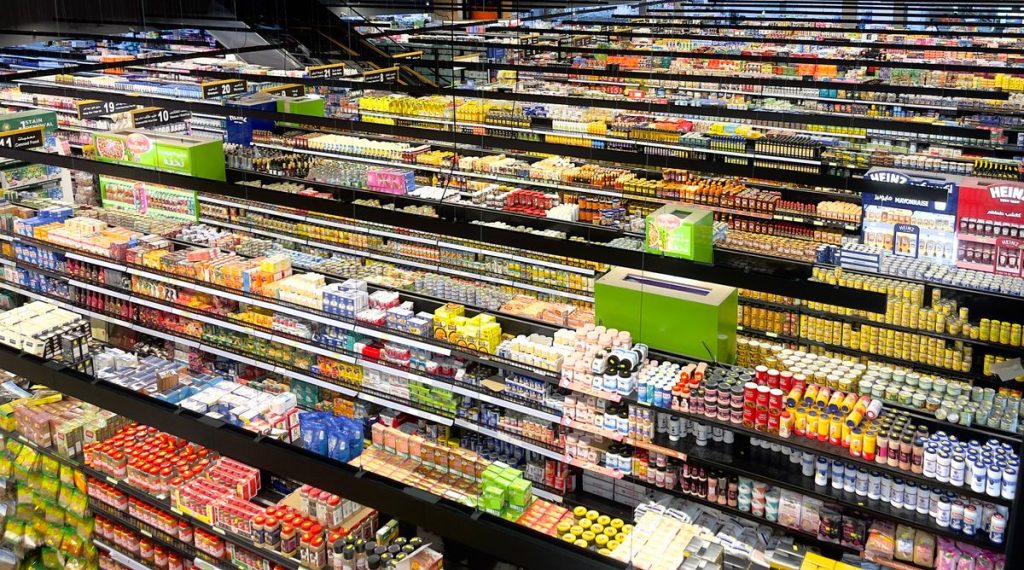 Vibrant supermarket aisles with retail products and packaging